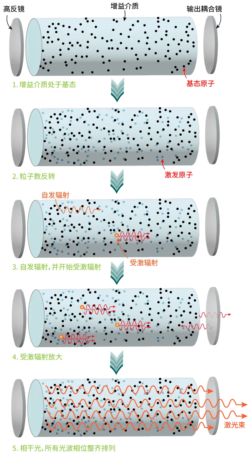 从泵浦粒子数反转自发辐射受激辐射谐振放大到激光输出的完整过程